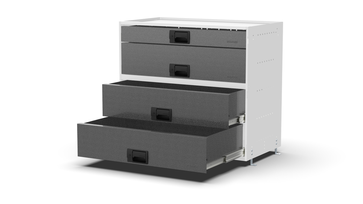 S840 drawer cabinet, 743 mm high, with one standard drawer and three deep drawers, two of them open