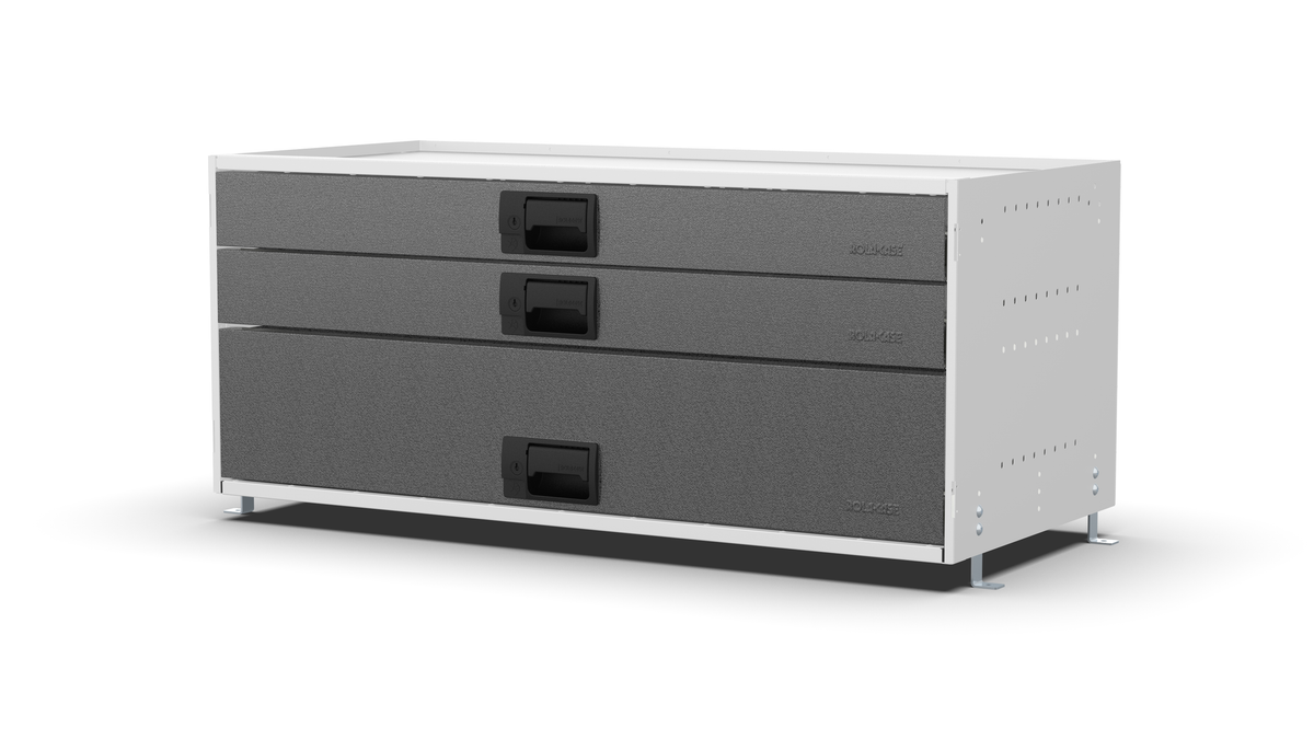 S1010 modular drawer cabinet, 2 standard and 1 deep drawers, 420 mm high, three-quarter front view