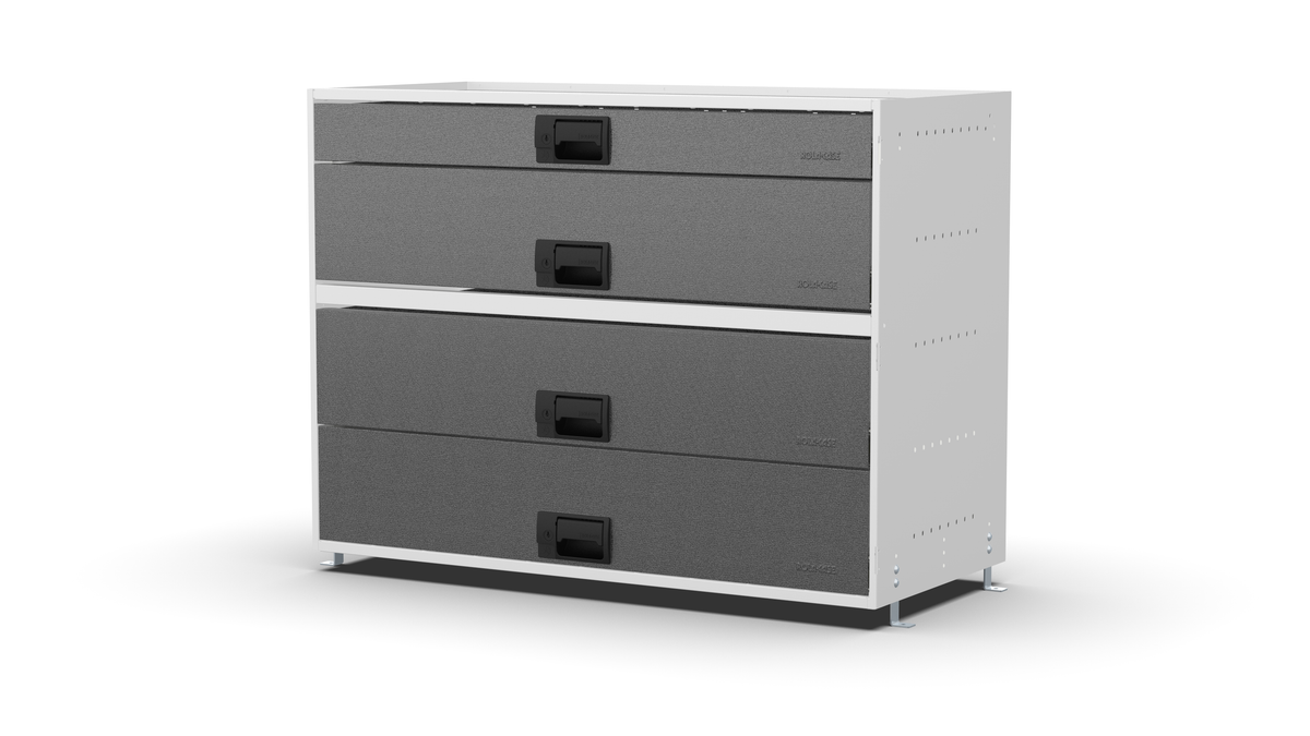 S1010 modular drawer cabinet, 1 standard and 3 deep drawers, 743 mm high, three-quarter front view