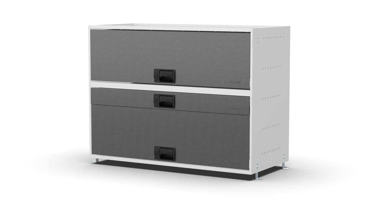 S1010 modular drawer cabinet, 1 standard and 2 extra-deep drawers, 743 mm high, three-quarter front view