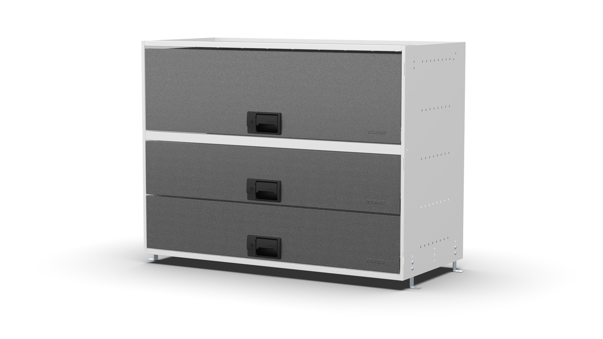 S1010 modular drawer cabinet, 2 deep and 1 extra-deep drawers, 743 mm high, three-quarter front view