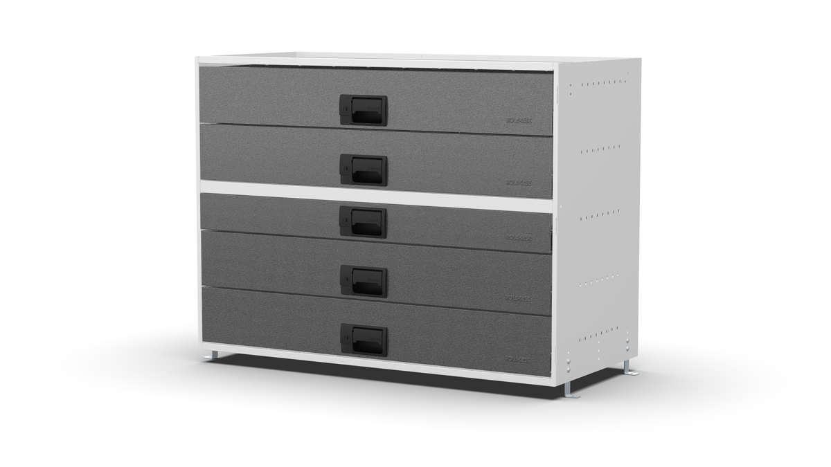 S1010 modular drawer cabinet, 1 standard and 4 large drawers, 743 mm high, three-quarter front view