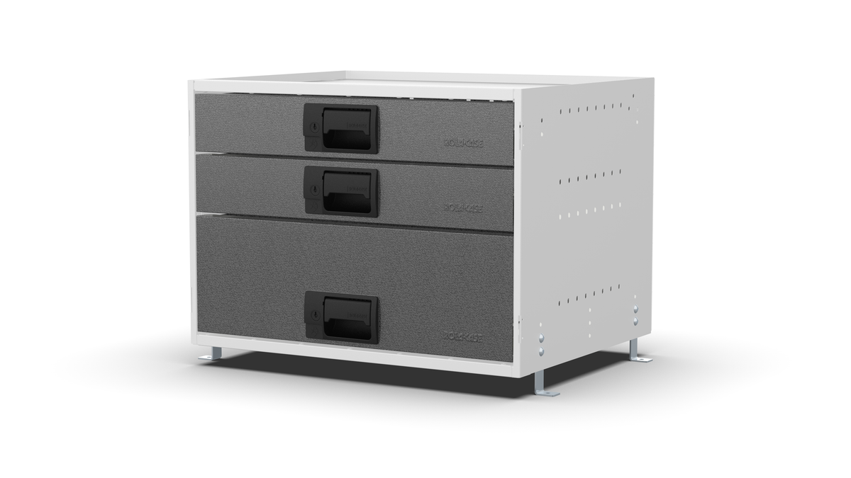 S600 modular drawer cabinet, 2 standard and 1 deep drawers, 420 mm high, three-quarter front view