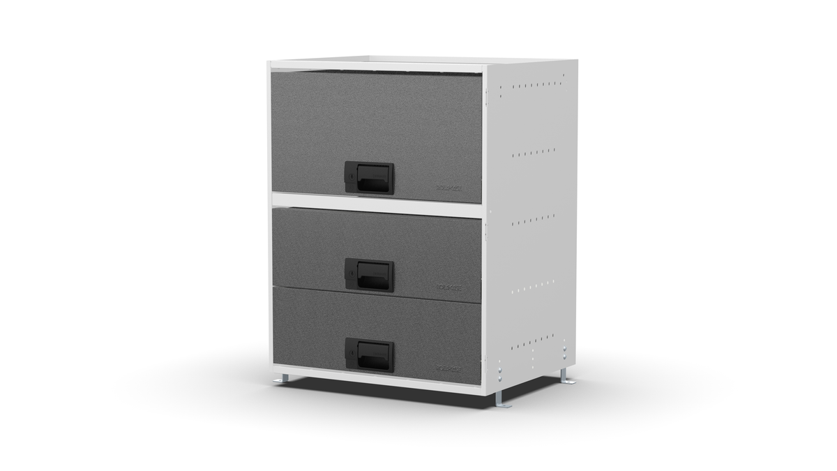 S600 modular drawer cabinet, 2 deep and 1 extra-deep drawers, 743 mm high, three-quarter front view