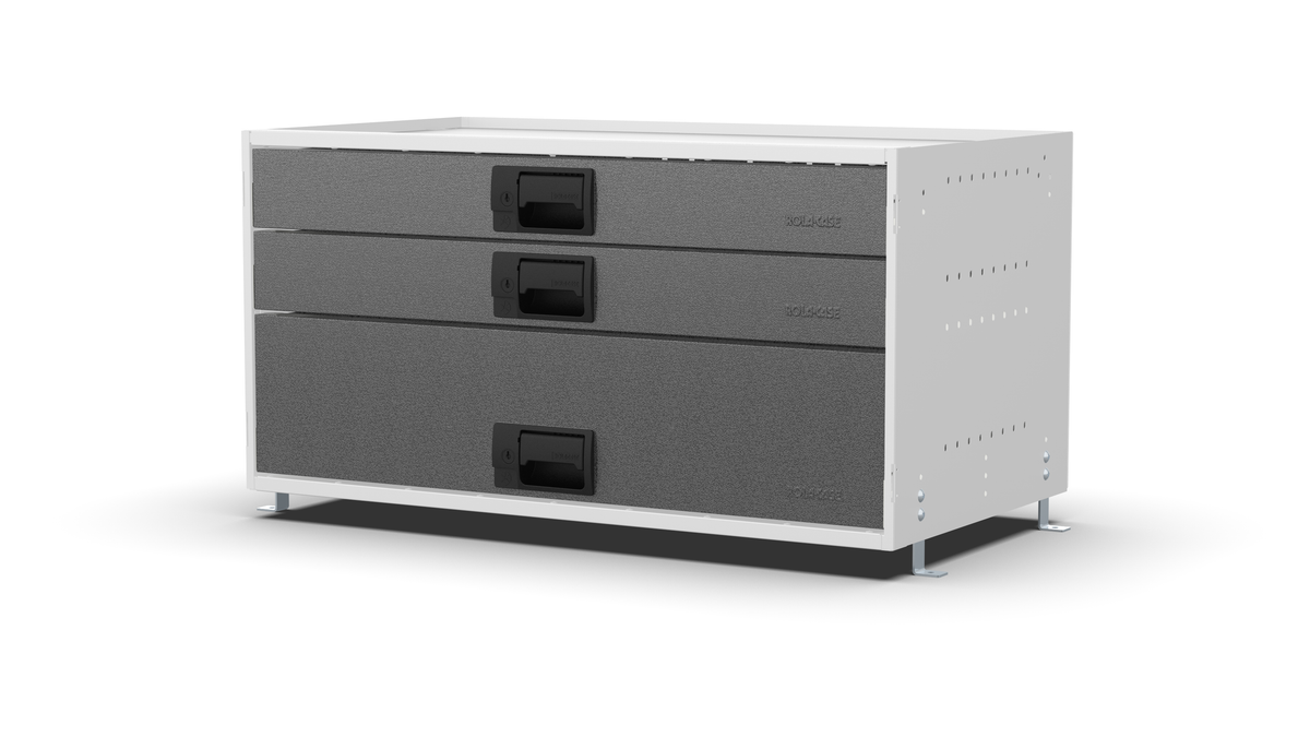 S840 modular drawer cabinet, 2 standard and 1 deep drawers, 420 mm high, three-quarter front view