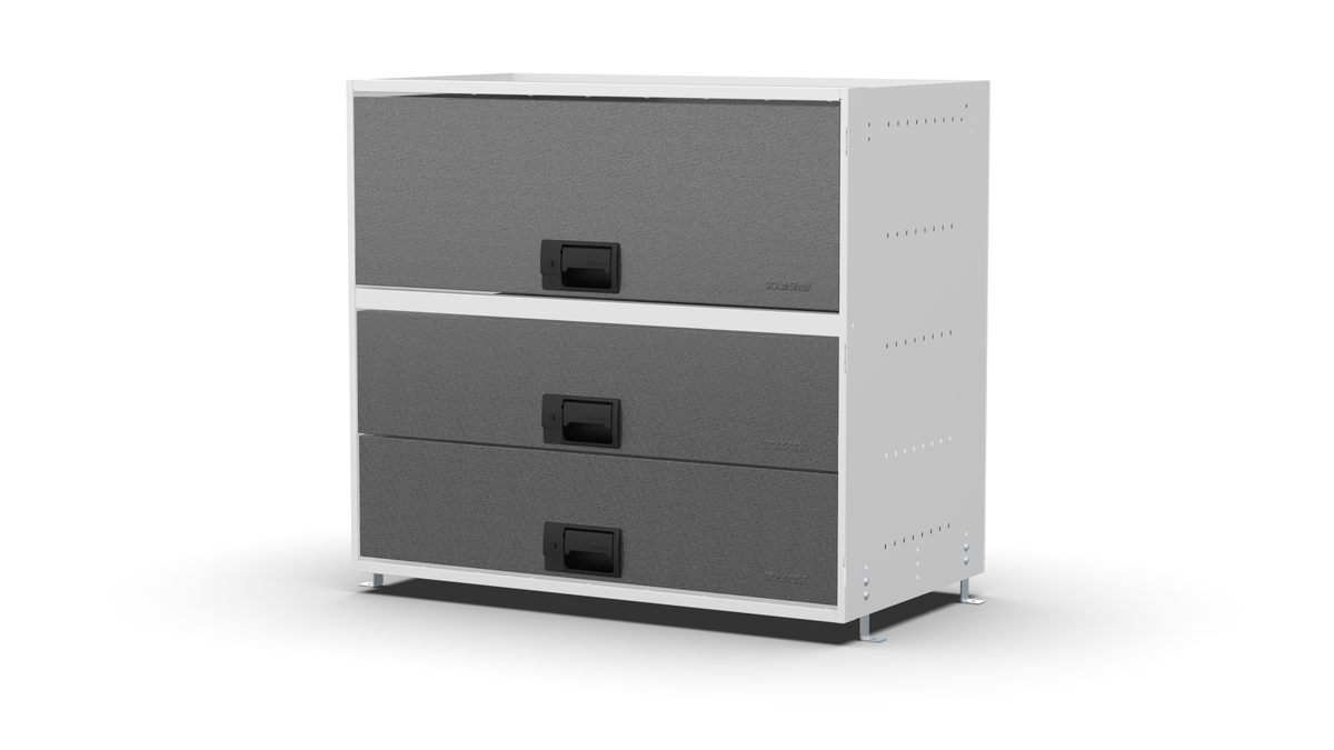 S840 modular drawer cabinet, 2 deep and 1 extra-deep drawers, 743 mm high, three-quarter front view