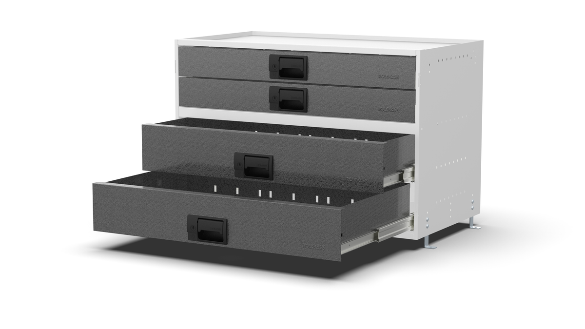 S840 modular drawer cabinet, 2 standard and 2 large drawers, 547 mm high, three-quarter view with drawers open